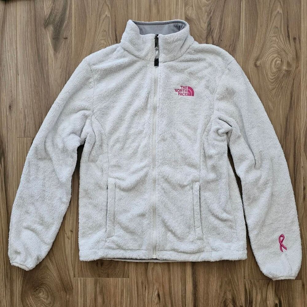 The North Face white fleece jacket with pink breast cancer awareness ribbon